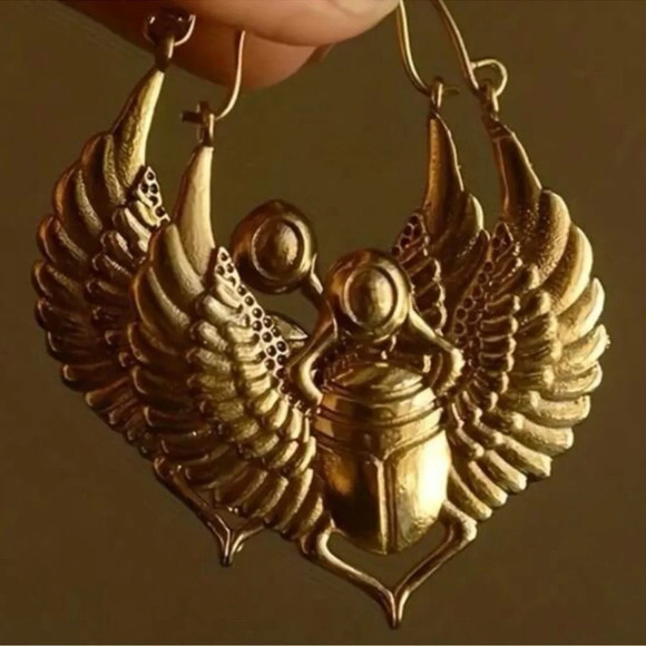 Beetle ONYX BRASS EARRINGS - EGYPTIAN RALISMAN INSECT JEWELRY - Picture 2 of 5